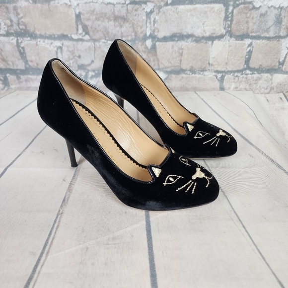 Charlotte Olympia Kitty Cat Embroidered Velvet Pump Black Gold Size 36/6 - Picture 2 of 16